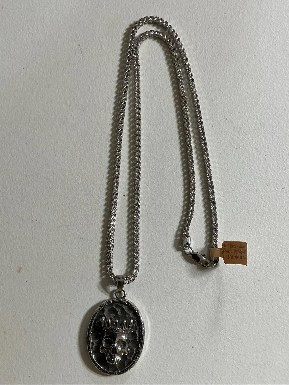 24” Stainless Steel  Crowned Skull Pendant with Franco Chain